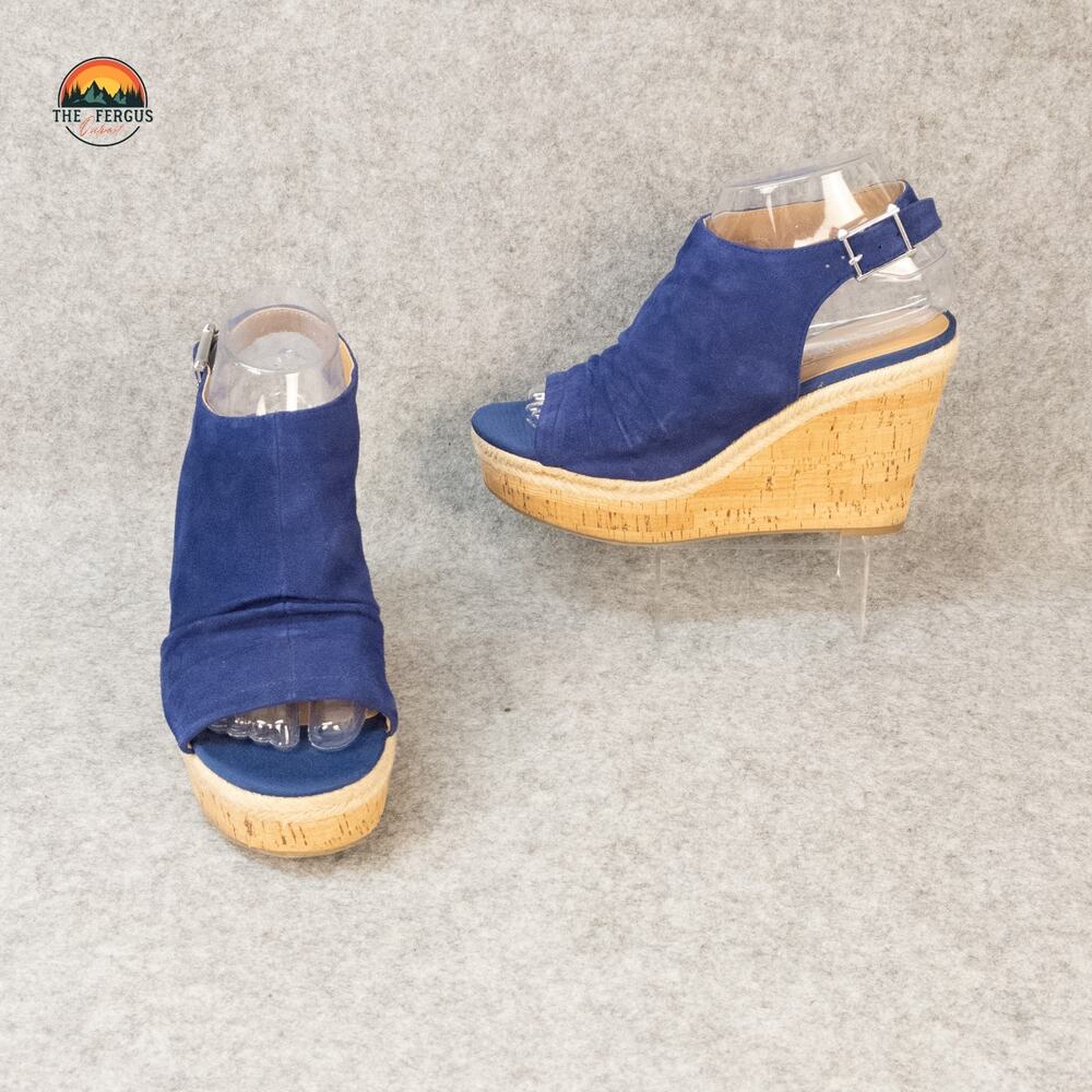 Franco Sarto Wedge Heels Blue Suede Leather Open Toe Slingback Women's 7.5M